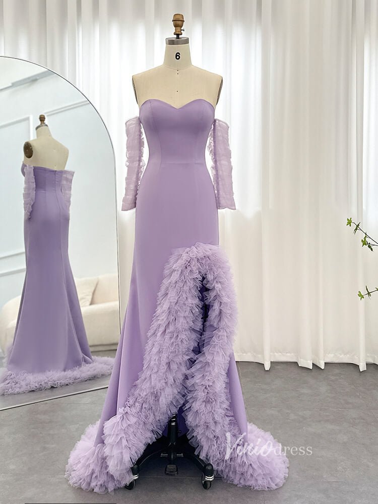 Lavender Sheath Strapless Prom Dresses with Ruffled Slit Sheer Sleeve Pageant Dress AD1179-Evening Dresses 2025 -Viniodress-Lavender-US 2-