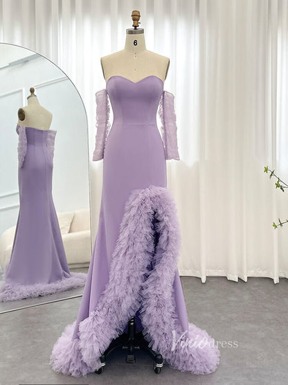Lavender Sheath Strapless Prom Dresses with Ruffled Slit Sheer Sleeve Pageant Dress AD1179-Evening Dresses 2025 -Viniodress-Lavender-US 2-
