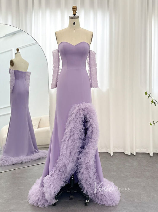 Lavender Sheath Strapless Prom Dresses with Ruffled Slit Sheer Sleeve Pageant Dress AD1179-Evening Dresses 2025 -Viniodress-Lavender-US 2-