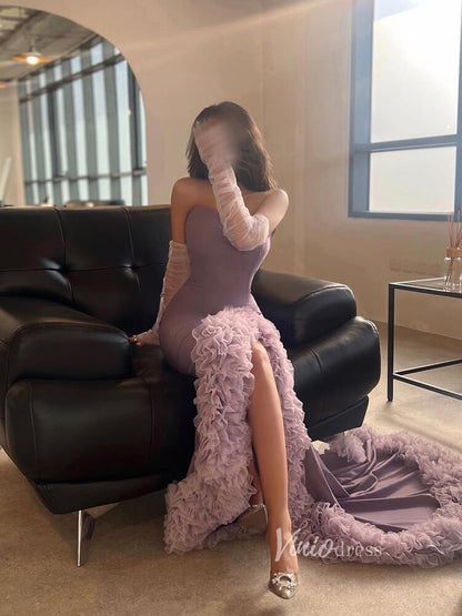 Lavender Sheath Strapless Prom Dresses with Ruffled Slit Sheer Sleeve Pageant Dress AD1179-Evening Dresses 2025 -Viniodress-Lavender-US 2-