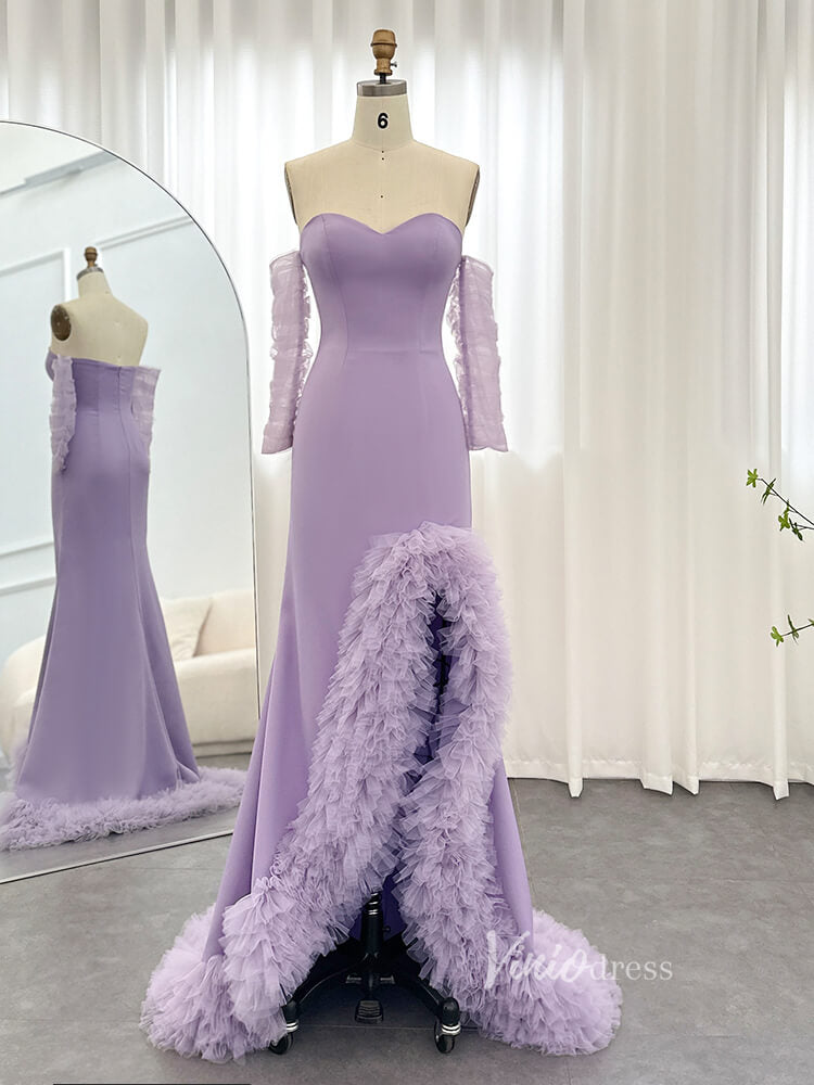 Lavender Sheath Strapless Prom Dresses with Ruffled Slit Sheer Sleeve Pageant Dress AD1179-prom dresses-Viniodress-Lavender-US 2-Viniodress