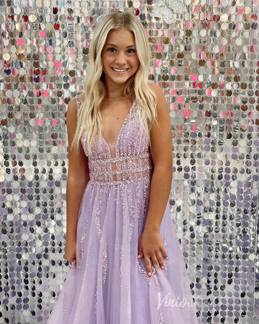 Lavender Sheer Beaded Sparkly Tulle Prom Dresses Plunging V-Neck FD4043-prom dresses 2025 -Viniodress-Lavender-Custom Size-