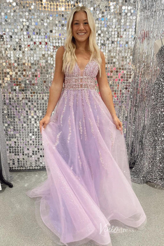Lavender Sheer Beaded Sparkly Tulle Prom Dresses Plunging V-Neck FD4043-prom dresses 2025 -Viniodress-Lavender-Custom Size-