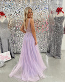 Lavender Sheer Beaded Sparkly Tulle Prom Dresses Plunging V-Neck FD4043-prom dresses-Viniodress-Viniodress