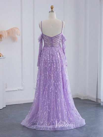 Lavender Shimmer Lace Prom Dresses Spaghetti Strap Evening Dress 20079-Evening Dresses 2025 -Viniodress-Lavender-US 2-