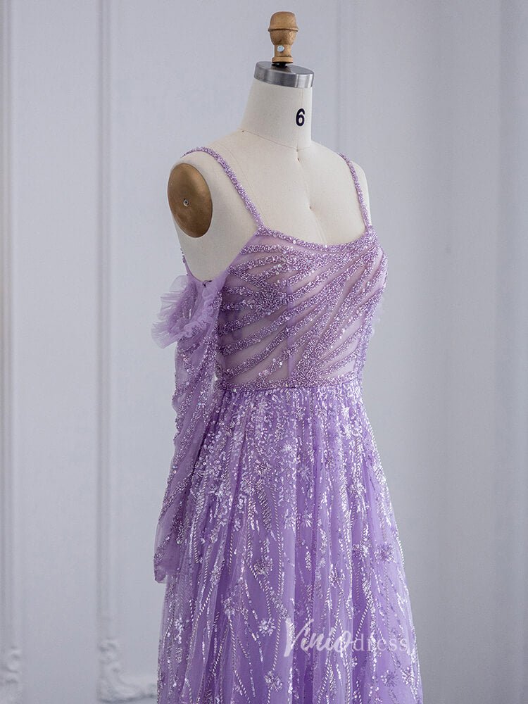 Lavender Shimmer Lace Prom Dresses Spaghetti Strap Evening Dress 20079-Evening Dresses 2025 -Viniodress-Lavender-US 2-