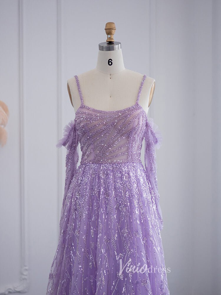 Lavender Shimmer Lace Prom Dresses Spaghetti Strap Evening Dress 20079-Evening Dresses 2025 -Viniodress-Lavender-US 2-