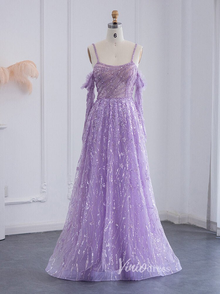 Lavender Shimmer Lace Prom Dresses Spaghetti Strap Evening Dress 20079-Evening Dresses 2025 -Viniodress-Lavender-US 2-