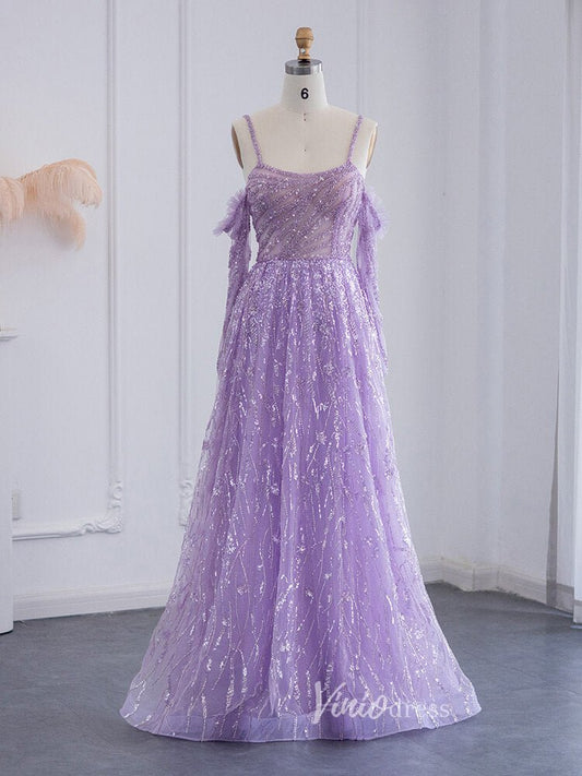 Lavender Shimmer Lace Prom Dresses Spaghetti Strap Evening Dress 20079-Evening Dresses 2025 -Viniodress-Lavender-US 2-