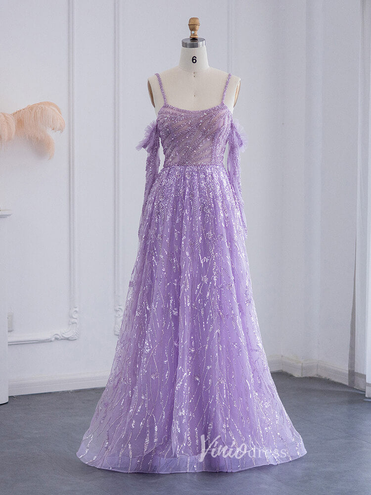 Prom Dress 2025 Lavender Shimmer Lace Prom Dresses Spaghetti Strap Evening Dress 20079-unique prom dresses-Lavender-US 2-Viniodress