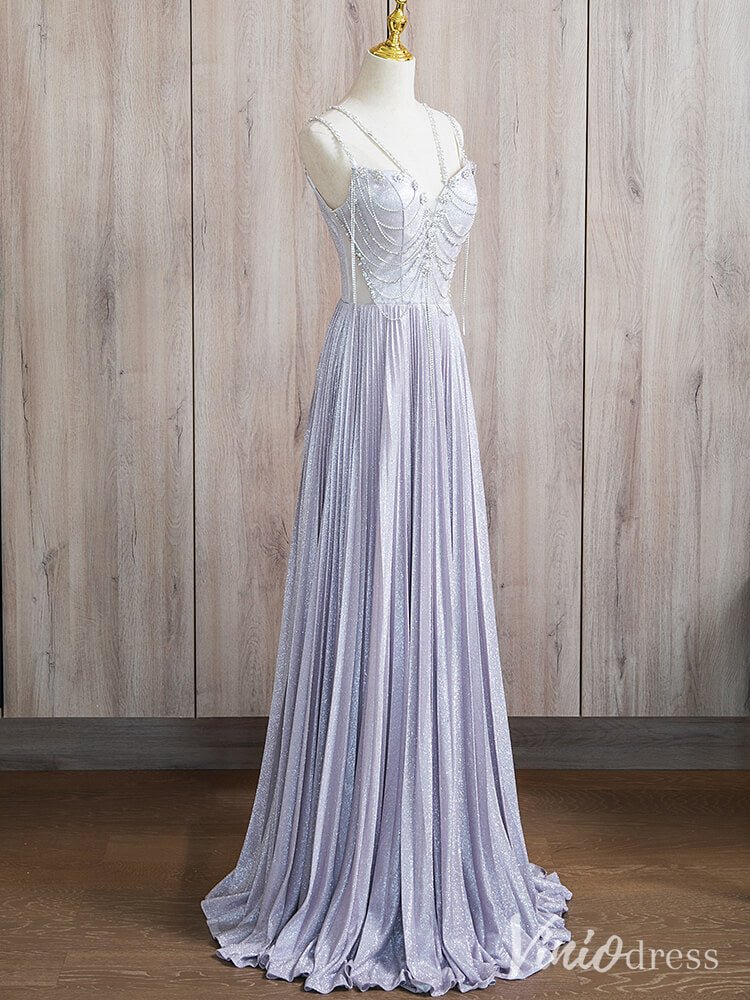 Lavender Shimmering Sheath Prom Dresses Beaded String Spaghetti Strap Evening Dress AD1370-prom dresses 2025 -Viniodress-Lavender-Custom Size-