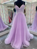 Lavender Spaghetti Strap Cheap Prom Dresses Beaded Bodice Open Back FD4004