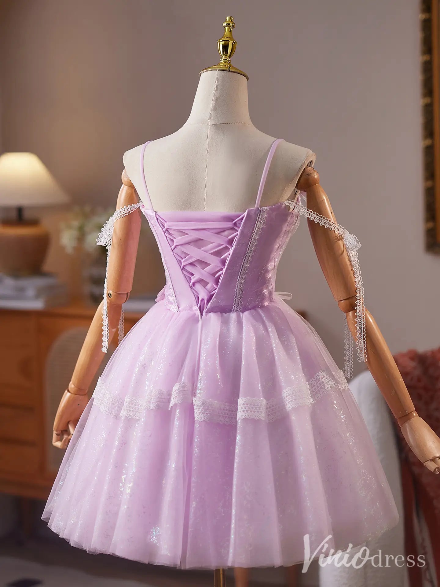 Lavender Spaghetti Strap Homecoming Dress with Lace Corset Bodice and Sparkly Tulle Skirt – BJ083-Homecoming Dresses 2025 -Viniodress-Lavender-Custom Size-