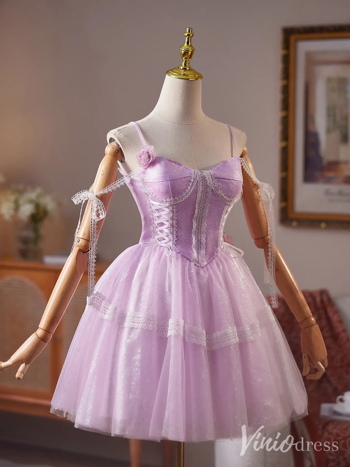 Lavender Spaghetti Strap Homecoming Dress with Lace Corset Bodice and Sparkly Tulle Skirt – BJ083-Homecoming Dresses 2025 -Viniodress-Lavender-Custom Size-
