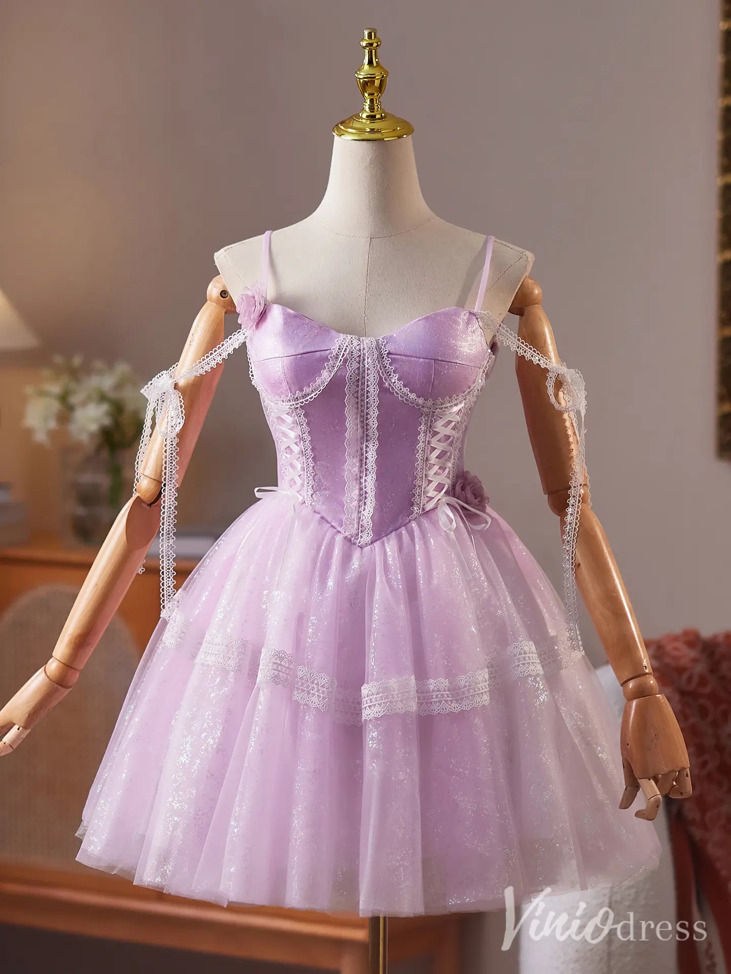 Lavender Spaghetti Strap Homecoming Dress with Lace Corset Bodice and Sparkly Tulle Skirt – BJ083-Homecoming Dresses 2025 -Viniodress-Lavender-Custom Size-