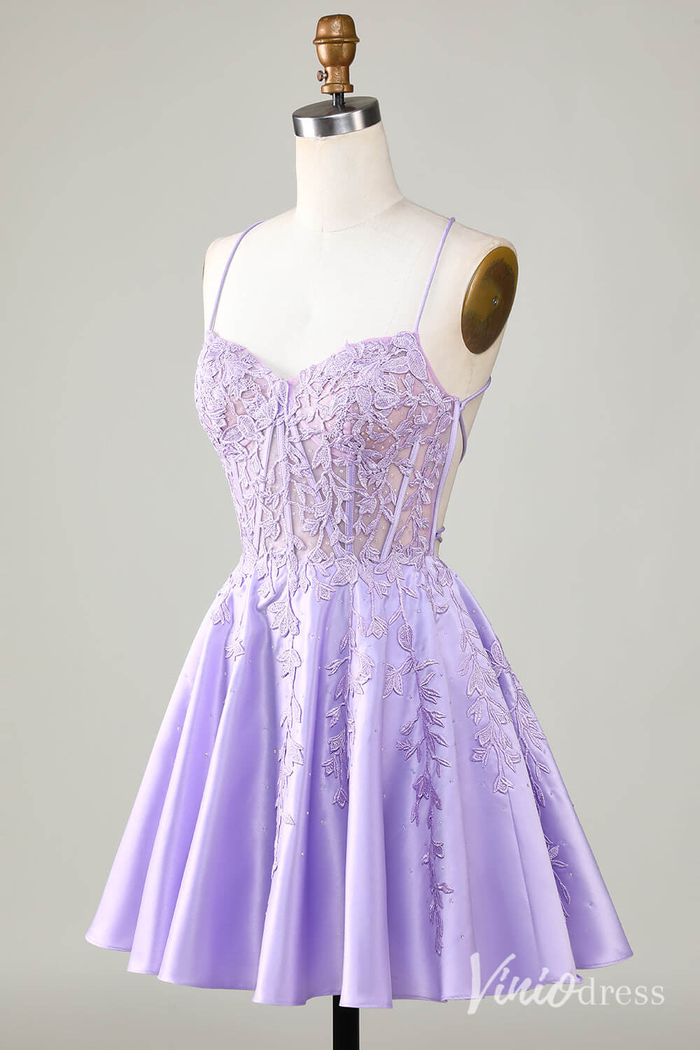 Lavender Spaghetti Strap Homecoming Dresses Lace Applique Back to School Dress S24078-Homecoming Dresses-Viniodress-Viniodress