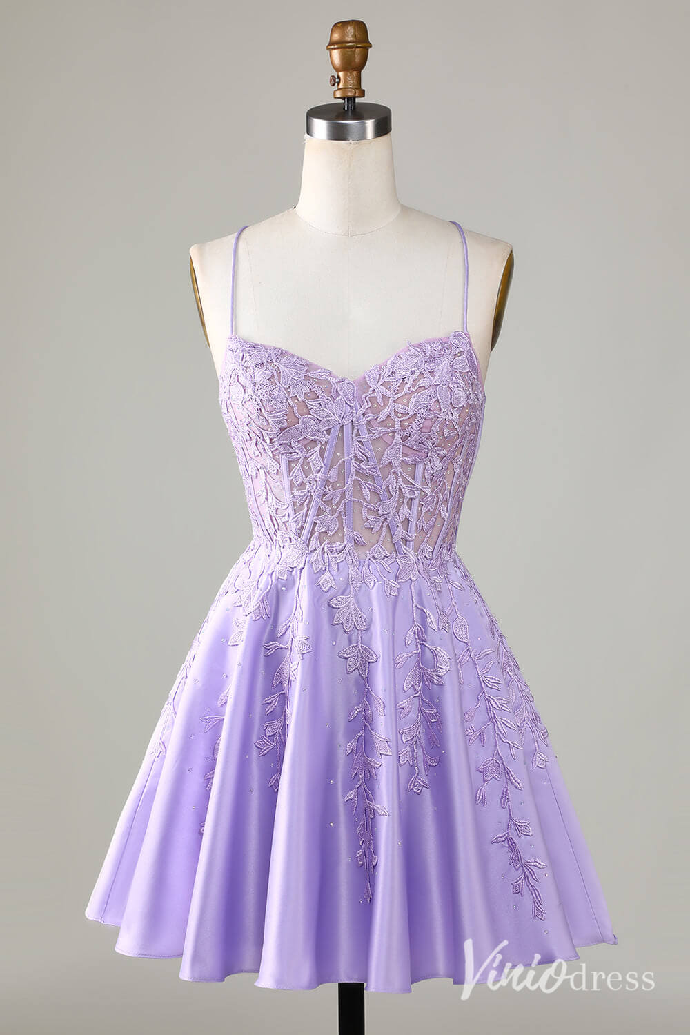 Lavender Spaghetti Strap Homecoming Dresses Lace Applique Back to School Dress S24078-Homecoming Dresses-Viniodress-Lavender-Custom Size-Viniodress