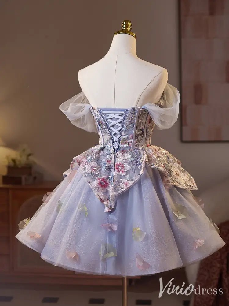 Lavender Sparkly Floral Homecoming Dress with Sweetheart Neckline & Overskirt - BJ073-prom dresses 2025 -Viniodress-Lavender-Custom Size-