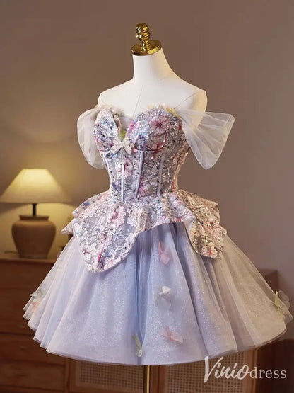 Lavender Sparkly Floral Homecoming Dress with Sweetheart Neckline & Overskirt - BJ073-prom dresses 2025 -Viniodress-Lavender-Custom Size-