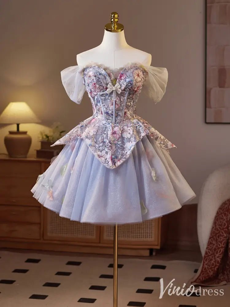 Lavender Sparkly Floral Homecoming Dress with Sweetheart Neckline & Overskirt - BJ073-prom dresses 2025 -Viniodress-Lavender-Custom Size-