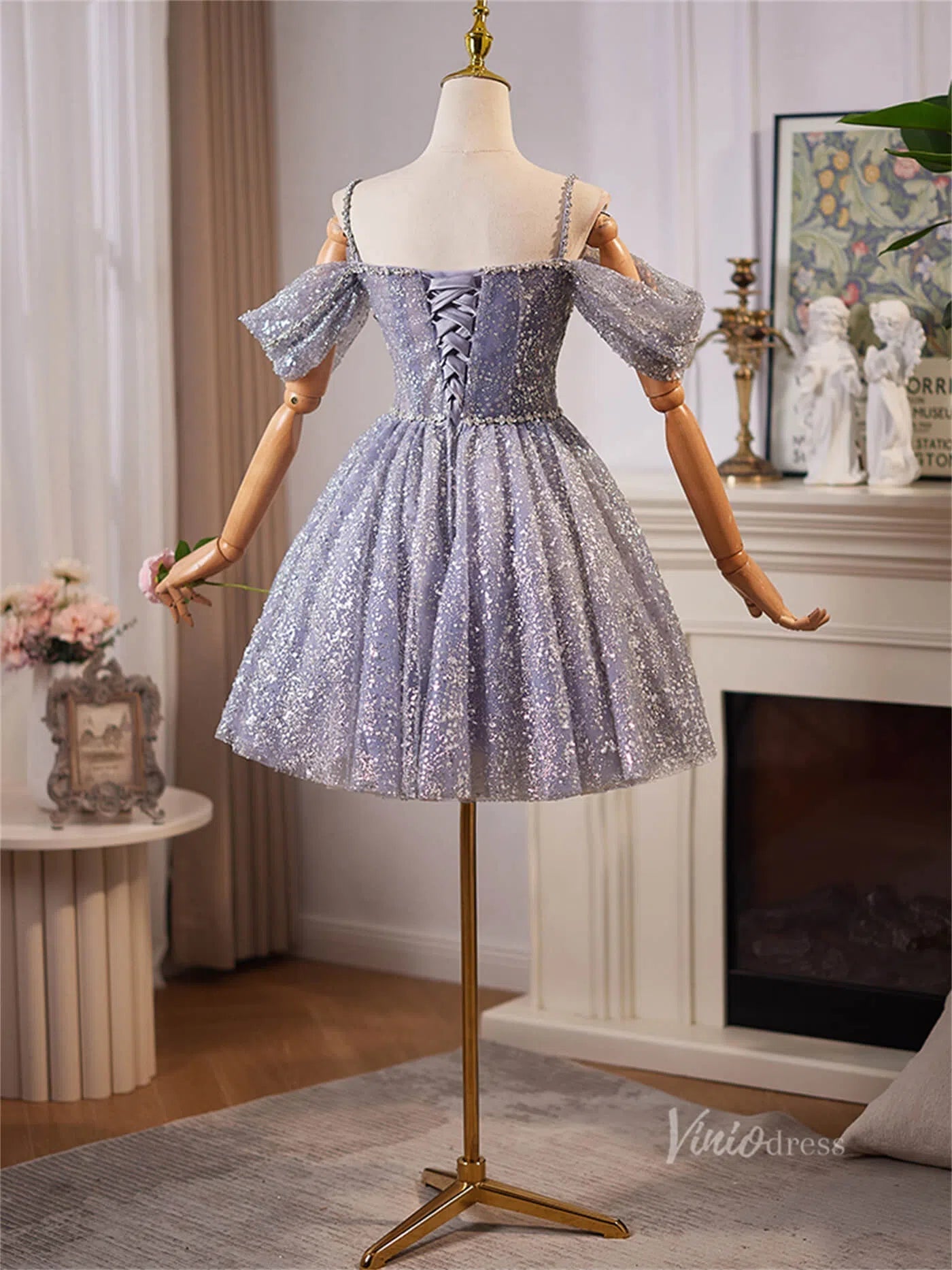 Lavender Sparkly Off the Shoulder Homecoming Dresses Spaghetti Strap Short Prom Dress BJ066-prom dresses 2025 -Viniodress-Lavender-Custom Size-