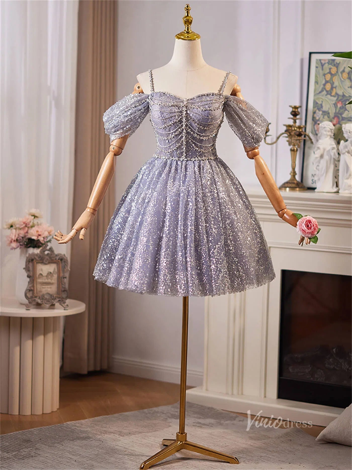 Lavender Sparkly Off the Shoulder Homecoming Dresses Spaghetti Strap Short Prom Dress BJ066-prom dresses 2025 -Viniodress-Lavender-Custom Size-
