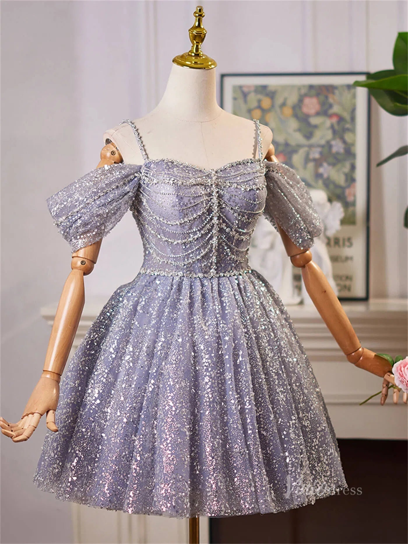 Lavender Sparkly Off the Shoulder Homecoming Dresses Spaghetti Strap Short Prom Dress BJ066-prom dresses 2025 -Viniodress-Lavender-Custom Size-