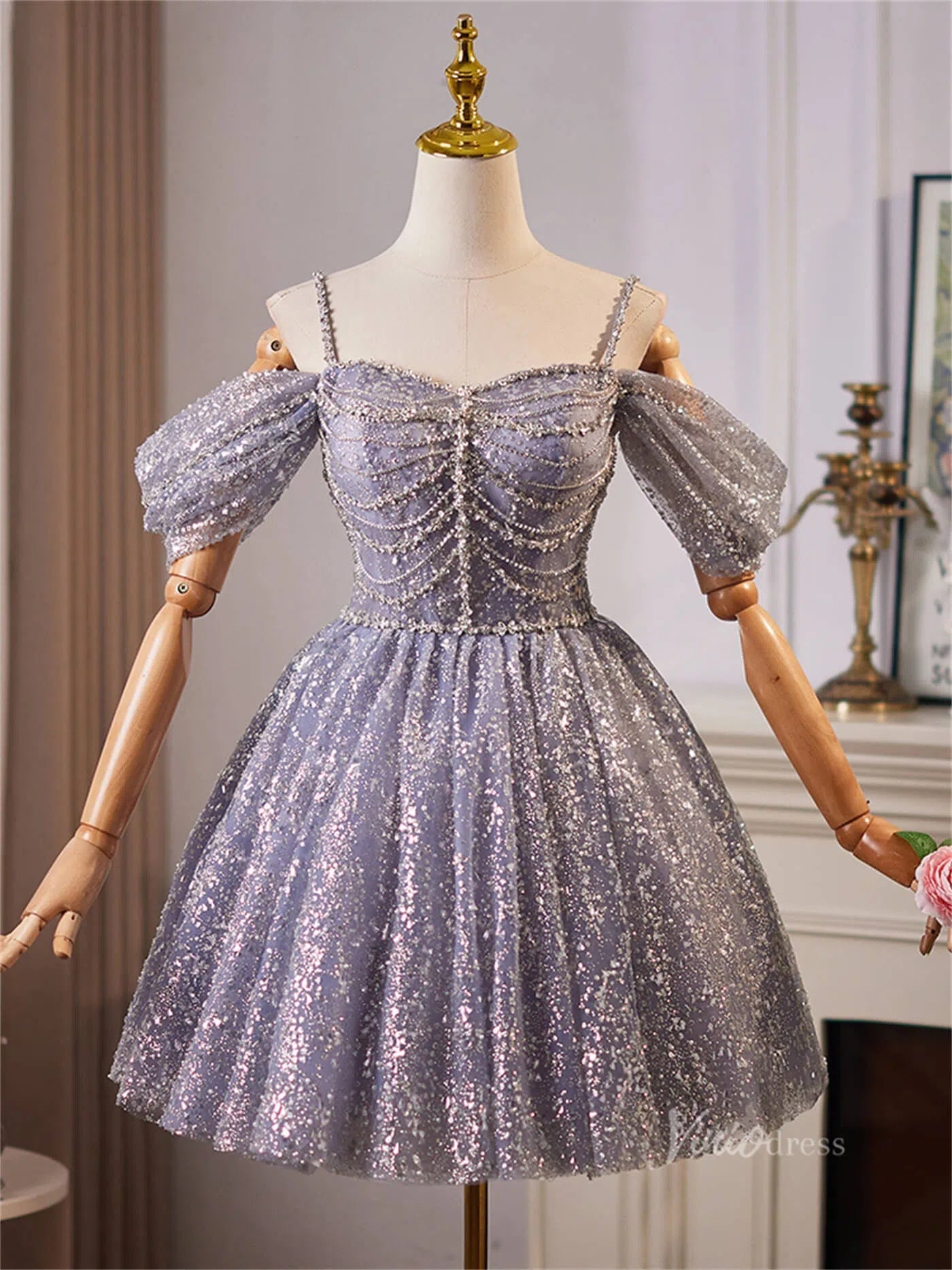 Lavender Sparkly Off the Shoulder Homecoming Dresses Spaghetti Strap Short Prom Dress BJ066-prom dresses-Viniodress