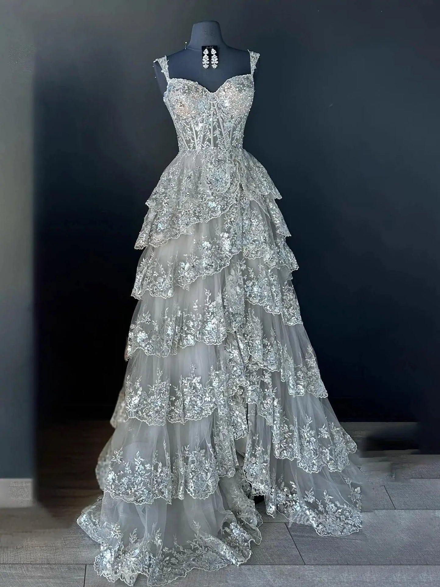 Lavender Sparkly Sequin Lace Prom Dresses with Slit, Tiered Ruffle Gowns with Straps FD3636-prom dresses 2025 -Viniodress-Grey-Custom Size-