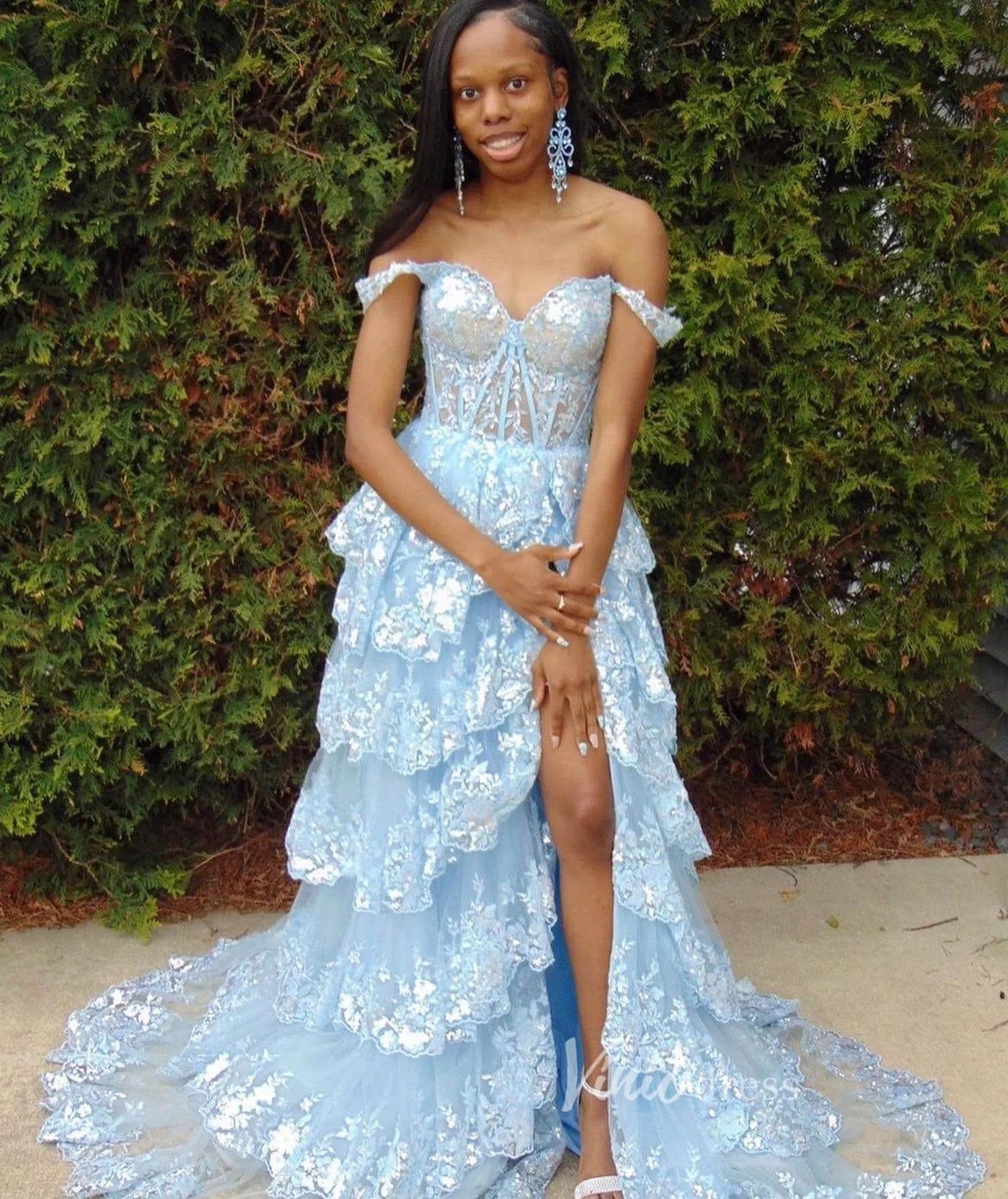 Lavender Sparkly Sequin Lace Prom Dresses with Slit, Tiered Ruffle Gowns with Straps FD3636-prom dresses 2025 -Viniodress-Lavender-Custom Size-