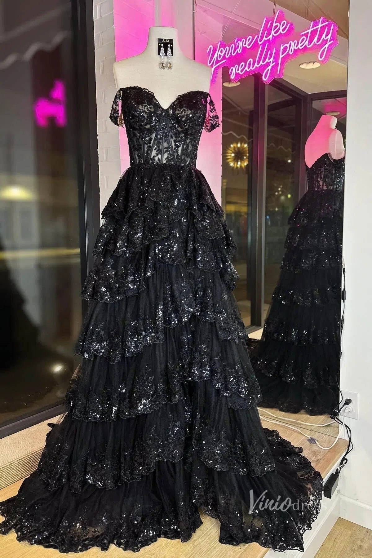 Lavender Sparkly Sequin Lace Prom Dresses with Slit, Tiered Ruffle Gowns with Straps FD3636-prom dresses 2025 -Viniodress-Lavender-Custom Size-