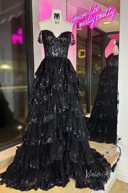 Lavender Sparkly Sequin Lace Prom Dresses with Slit, Tiered Ruffle Gowns with Straps FD3636-prom dresses 2025 -Viniodress-Lavender-Custom Size-