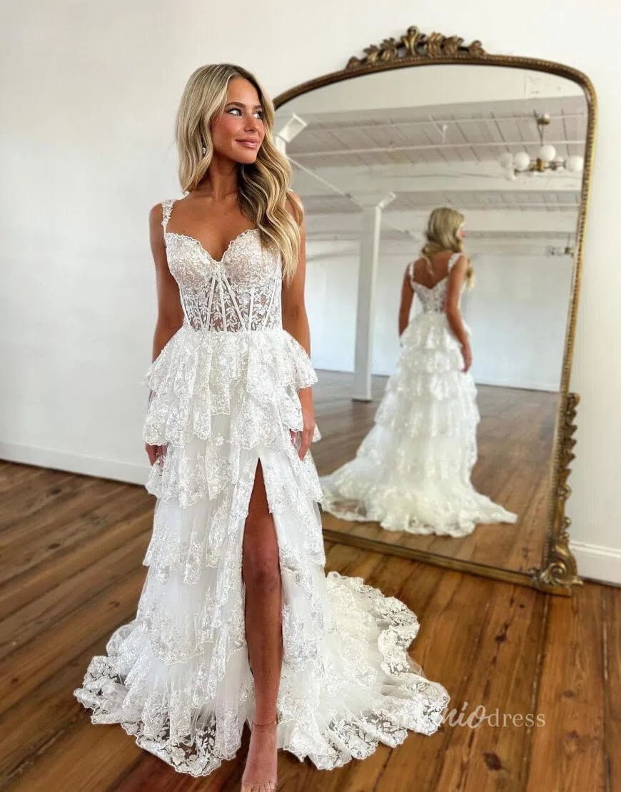 Lavender Sparkly Sequin Lace Prom Dresses with Slit, Tiered Ruffle Gowns with Straps FD3636-prom dresses 2025 -Viniodress-Lavender-Custom Size-