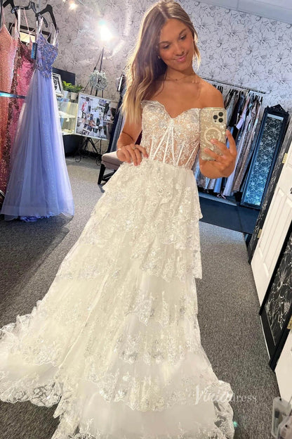 Lavender Sparkly Sequin Lace Prom Dresses with Slit, Tiered Ruffle Gowns with Straps FD3636-prom dresses 2025 -Viniodress-Lavender-Custom Size-