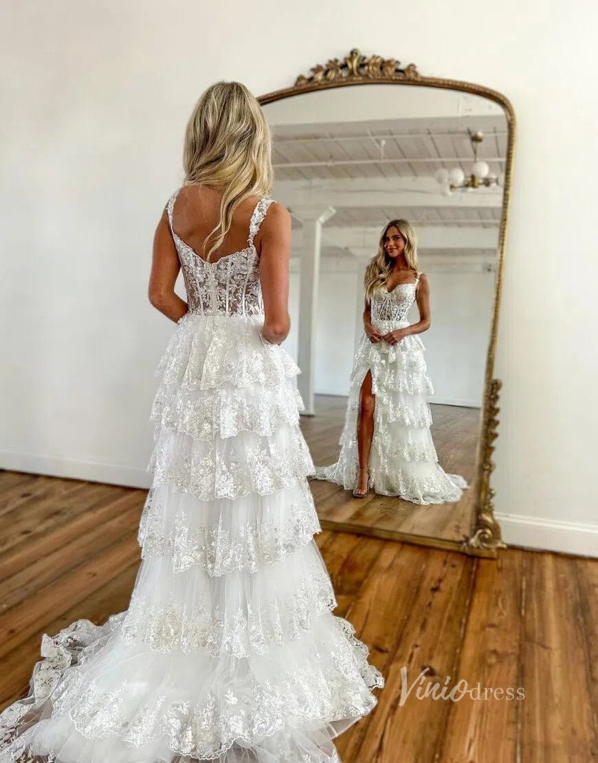 Lavender Sparkly Sequin Lace Prom Dresses with Slit, Tiered Ruffle Gowns with Straps FD3636-prom dresses 2025 -Viniodress-Lavender-Custom Size-