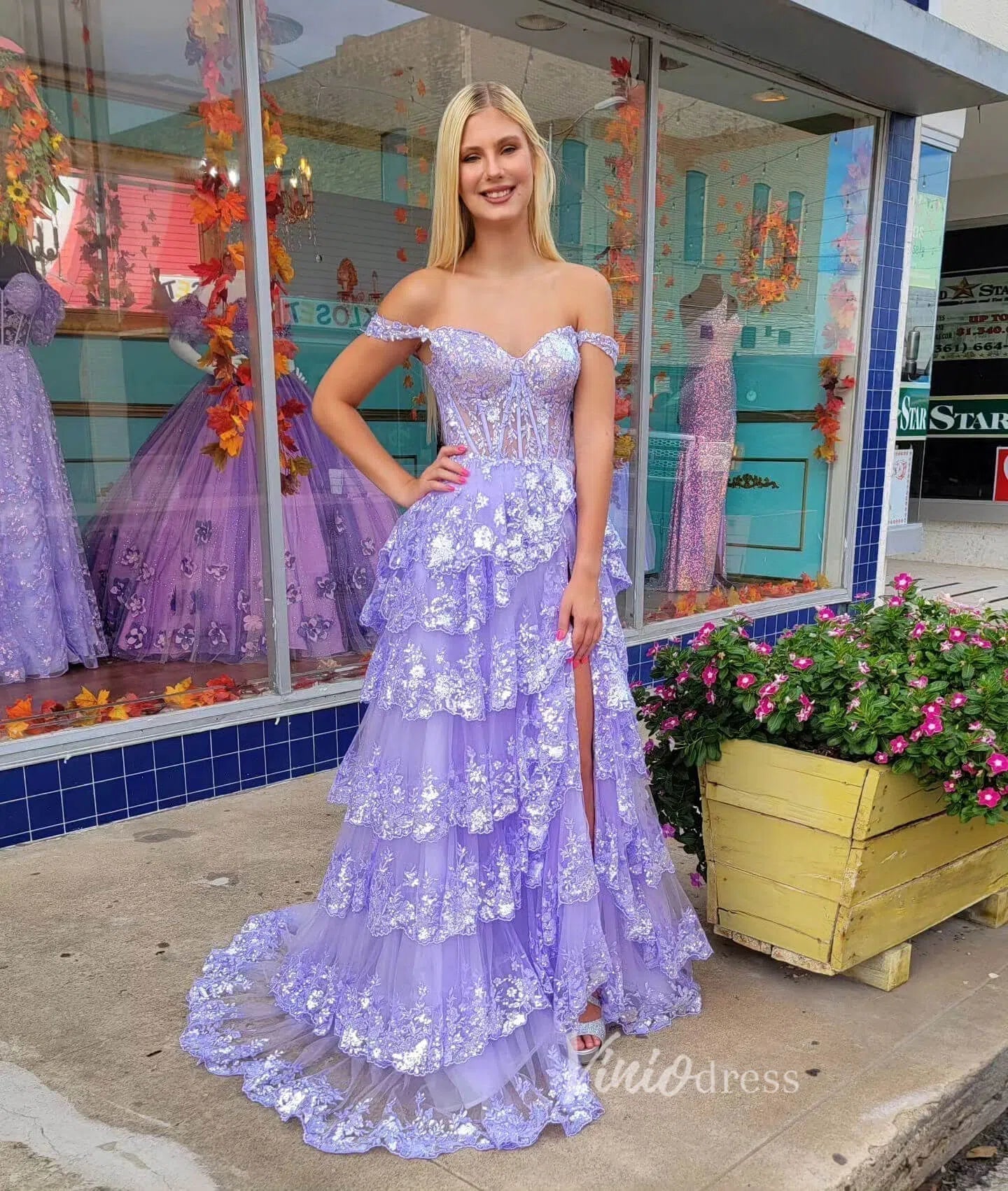 Lavender Sparkly Sequin Lace Prom Dresses with Slit, Tiered Ruffle Gowns with Straps FD3636-prom dresses 2025 -Viniodress-Lavender-Custom Size-