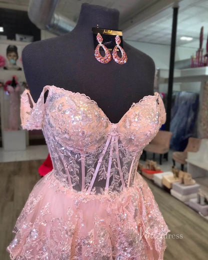 Lavender Sparkly Sequin Lace Prom Dresses with Slit, Tiered Ruffle Gowns with Straps FD3636-prom dresses 2025 -Viniodress-Lavender-Custom Size-