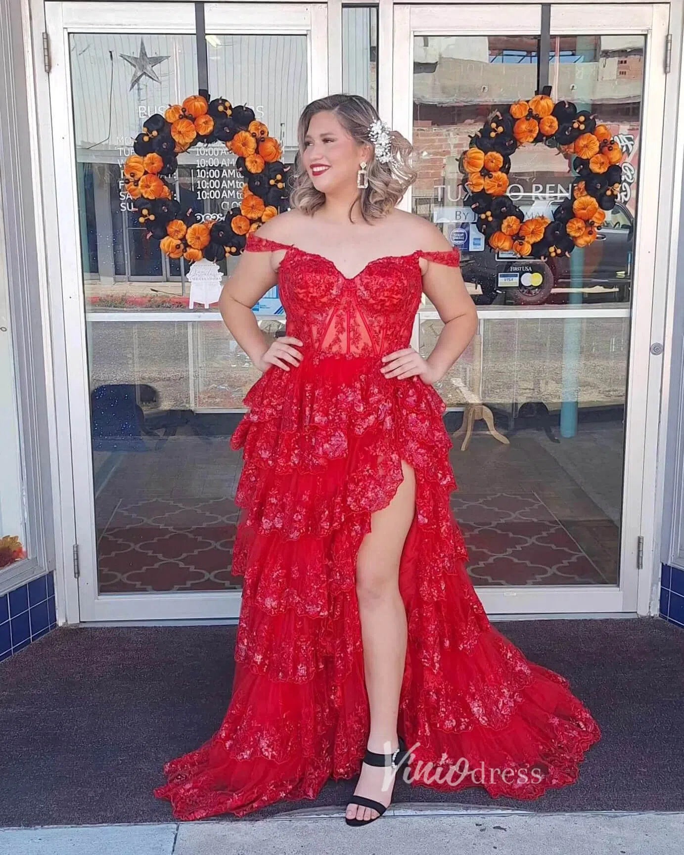 Lavender Sparkly Sequin Lace Prom Dresses with Slit, Tiered Ruffle Gowns with Straps FD3636-prom dresses 2025 -Viniodress-Lavender-Custom Size-