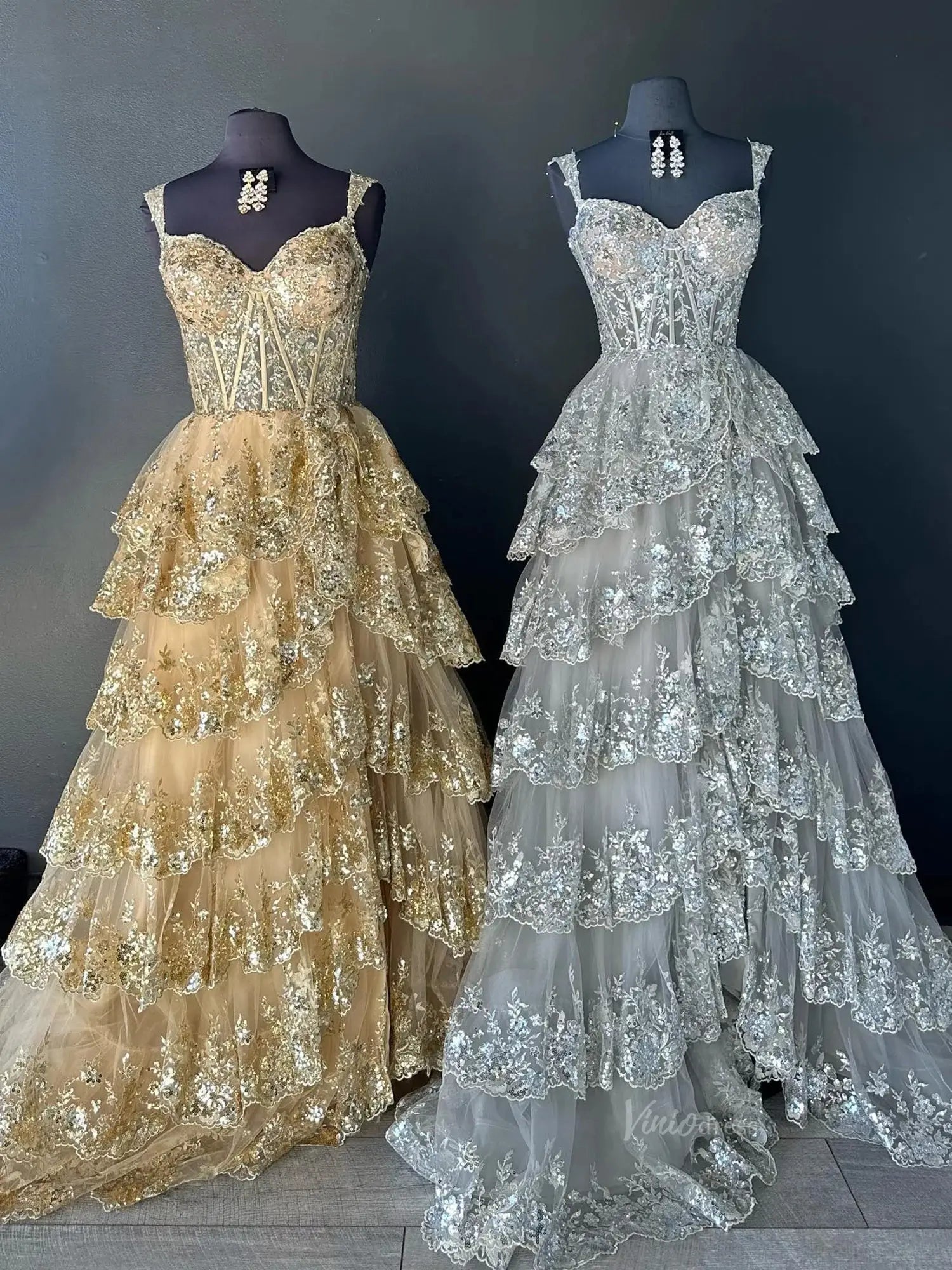 Lavender Sparkly Sequin Lace Prom Dresses with Slit, Tiered Ruffle Gowns with Straps FD3636-prom dresses 2025 -Viniodress-Lavender-Custom Size-