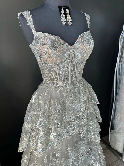 Lavender Sparkly Sequin Lace Prom Dresses with Slit, Tiered Ruffle Gowns with Straps FD3636-prom dresses 2025 -Viniodress-Lavender-Custom Size-