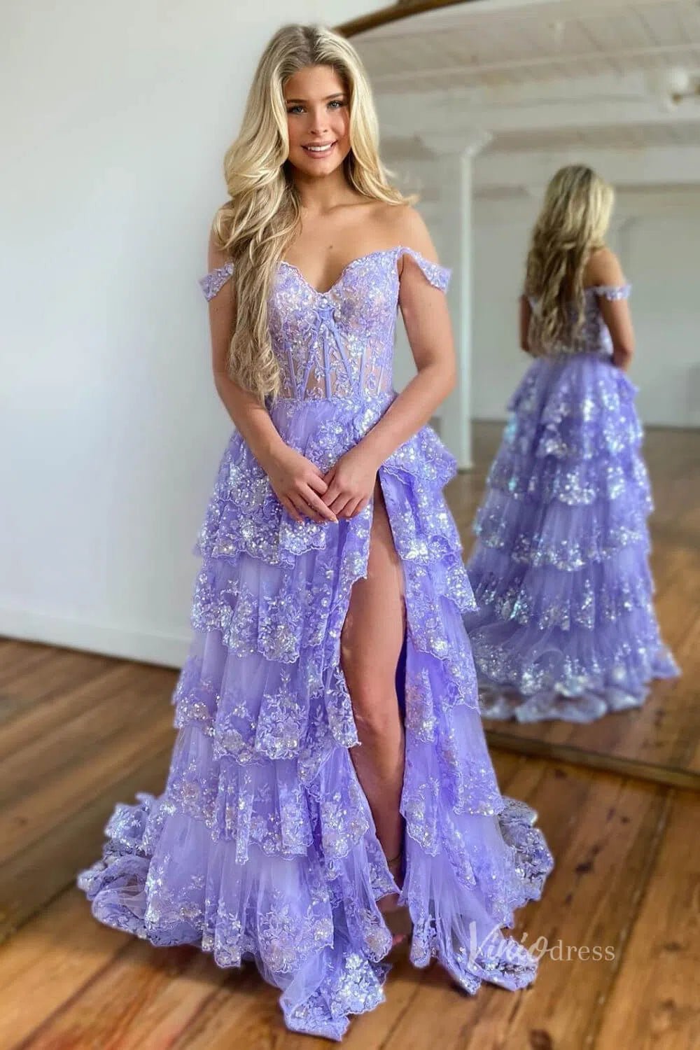 Lavender Sparkly Sequin Lace Prom Dresses with Slit, Tiered Ruffle Gowns with Straps FD3636-prom dresses 2025 -Viniodress-Lavender-Custom Size-