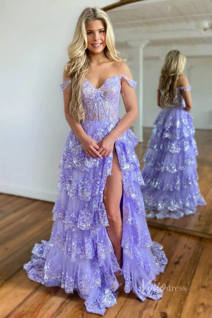 Lavender Sparkly Sequin Lace Prom Dresses with Slit, Tiered Ruffle Gowns with Straps FD3636-prom dresses 2025 -Viniodress-Lavender-Custom Size-
