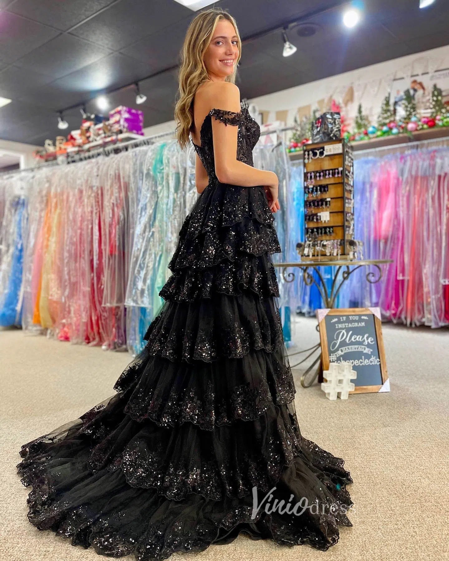 Lavender Sparkly Sequin Lace Prom Dresses with Slit, Tiered Ruffle Gowns with Straps FD3636-prom dresses 2025 -Viniodress-Lavender-Custom Size-