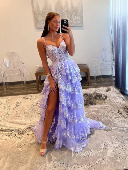 Lavender Sparkly Sequin Lace Prom Dresses with Slit, Tiered Ruffle Gowns with Straps FD3636-prom dresses 2025 -Viniodress-Lavender-Custom Size-