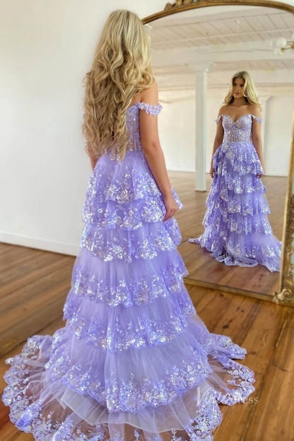 Lavender Sparkly Sequin Lace Prom Dresses with Slit, Tiered Ruffle Gowns with Straps FD3636-prom dresses 2025 -Viniodress-Lavender-Custom Size-