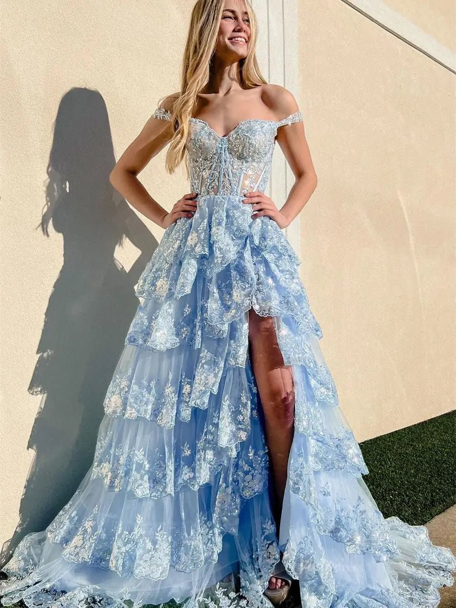 Lavender Sparkly Sequin Lace Prom Dresses with Slit, Tiered Ruffle Gow   Viniodress