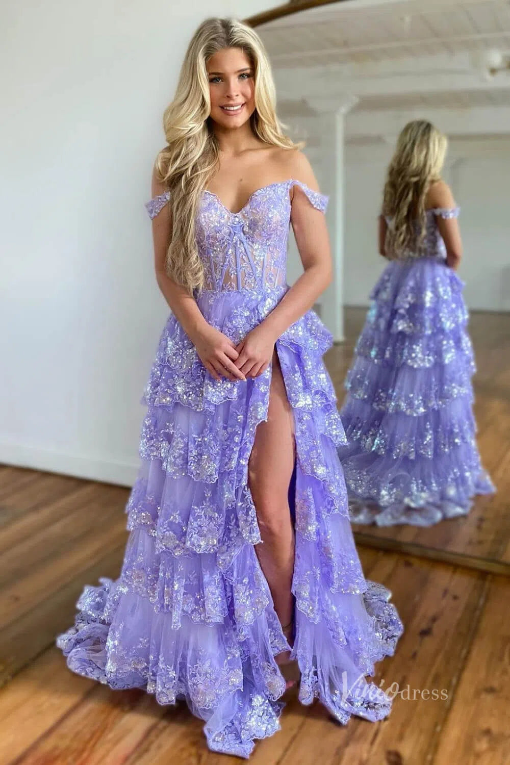 Lavender Sparkly Sequin Lace Prom Dresses with Slit, Tiered Ruffle Gowns with Straps FD3636-prom dresses-Viniodress-Viniodress