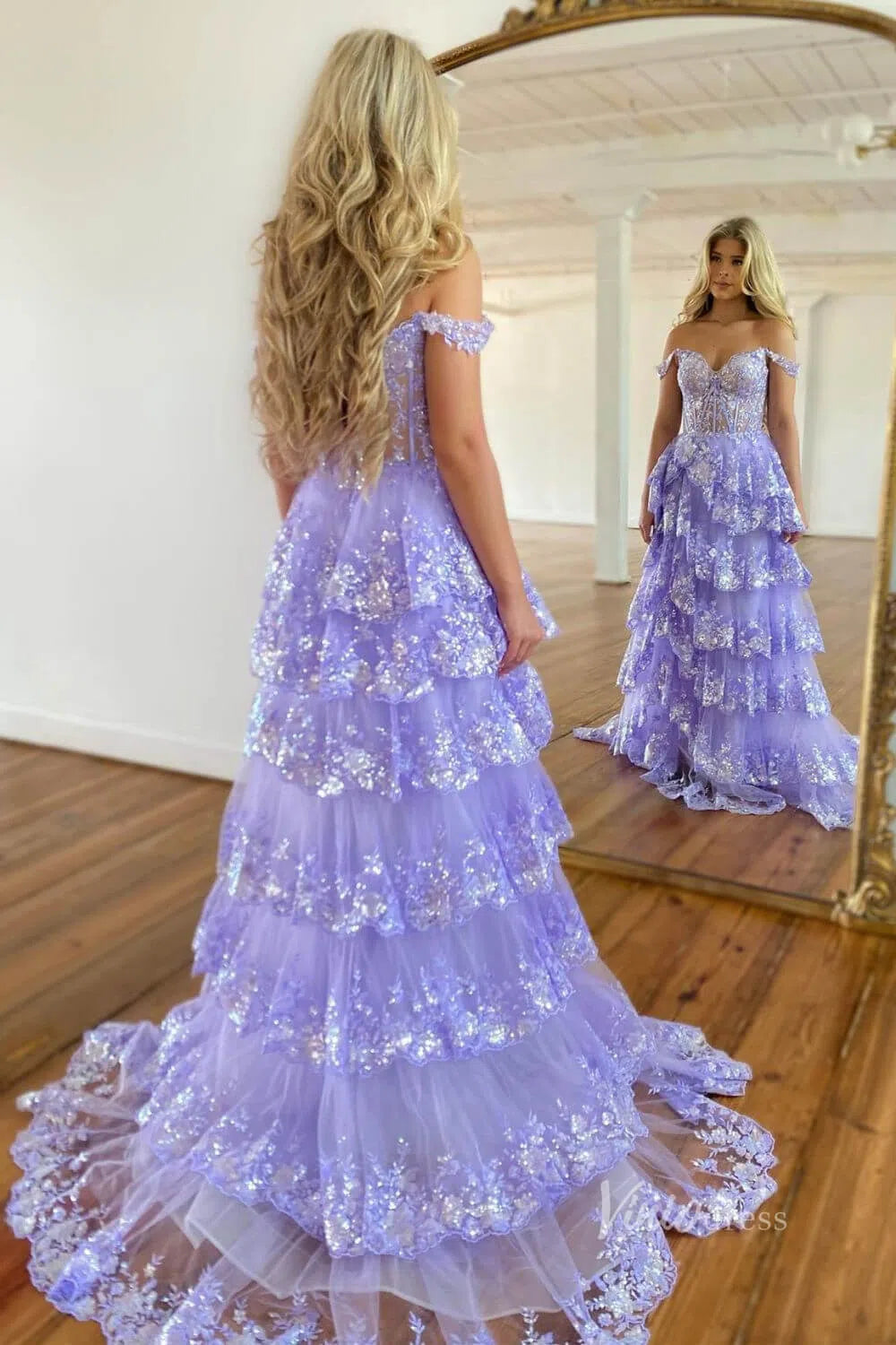 Lavender Sparkly Sequin Lace Prom Dresses with Slit, Tiered Ruffle Gowns with Straps FD3636-prom dresses-Viniodress-Viniodress