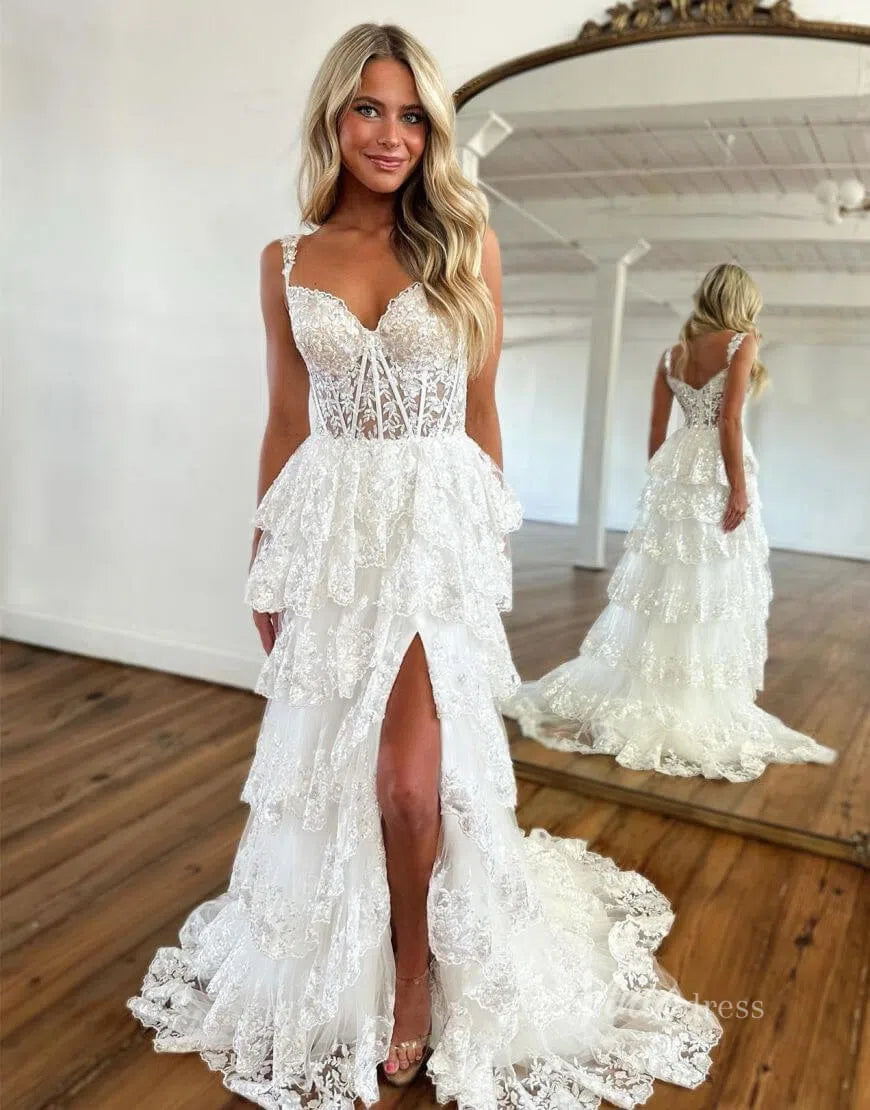 Prom Dress 2025 Lavender Sparkly Sequin Lace Prom Dresses with Slit, Tiered Ruffle Gowns with Straps FD3636-unique prom dresses-Ivory-Custom Size-Viniodress