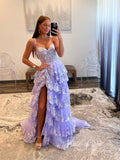 Lavender Sparkly Sequin Lace Prom Dresses with Slit, Tiered Ruffle Gowns with Straps FD3636